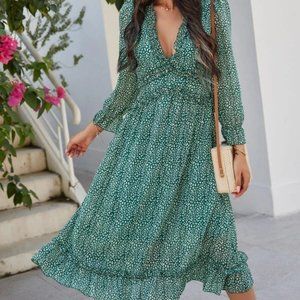 Green Shabby Chic Cottagecore Animal print Ruffle Hem Dress